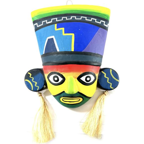 Salomon Ruiz Soiu Hand Painted Peruvian Folk Art Wall Mask w/ Tassels – Signed - Picture 2 of 8